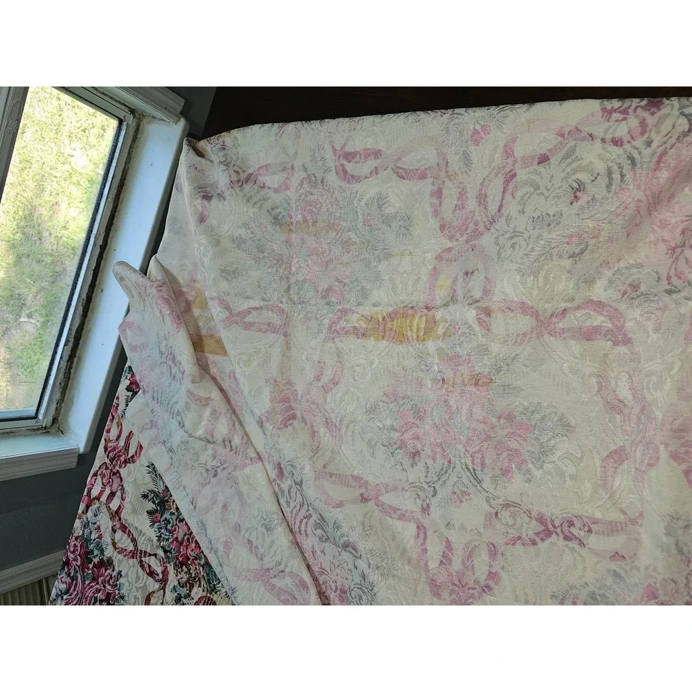 Vintage Christmas Poinsettia Ribbon Jacquard Tablecloth Rectangle 98x59 Holiday